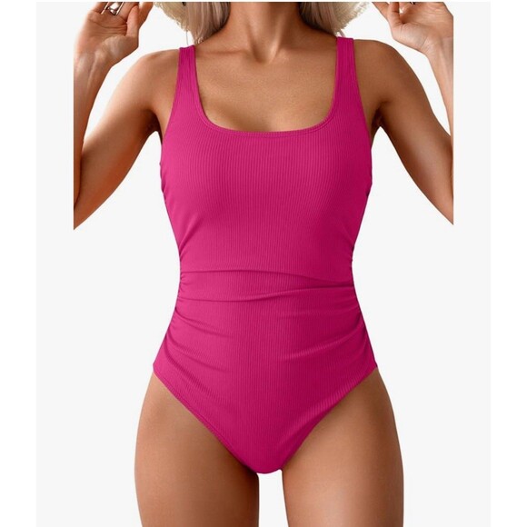 One Piece Swimsuit for Women Ribbed Tummy Control Bathing Suit Ruched pink Large - Picture 1 of 13